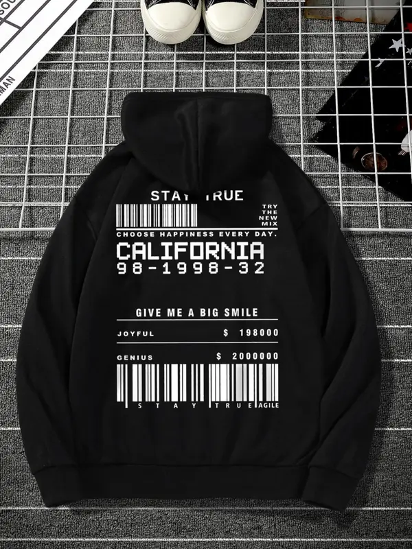 Men's Regular Fit Letter Print Barcode Hoodie, Casual Comfy Long Sleeve Hooded Sweatshirt for Fall & Winter, Men's Clothes for Daily Wear 2
