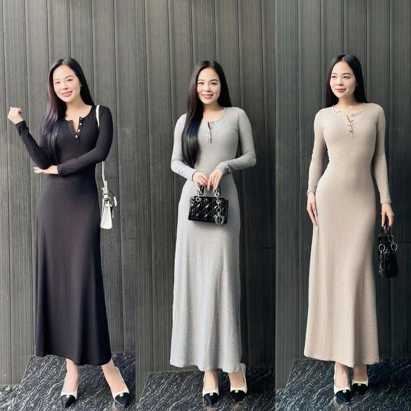xả kho-TẾT ĐẦM BODY CỔ TRỤ TAY DÀI DÁNG XOÈ THUN LEN SỢI _LD06 Nữ Women Dress váy tiệc Xmas Nhung Voi Kem