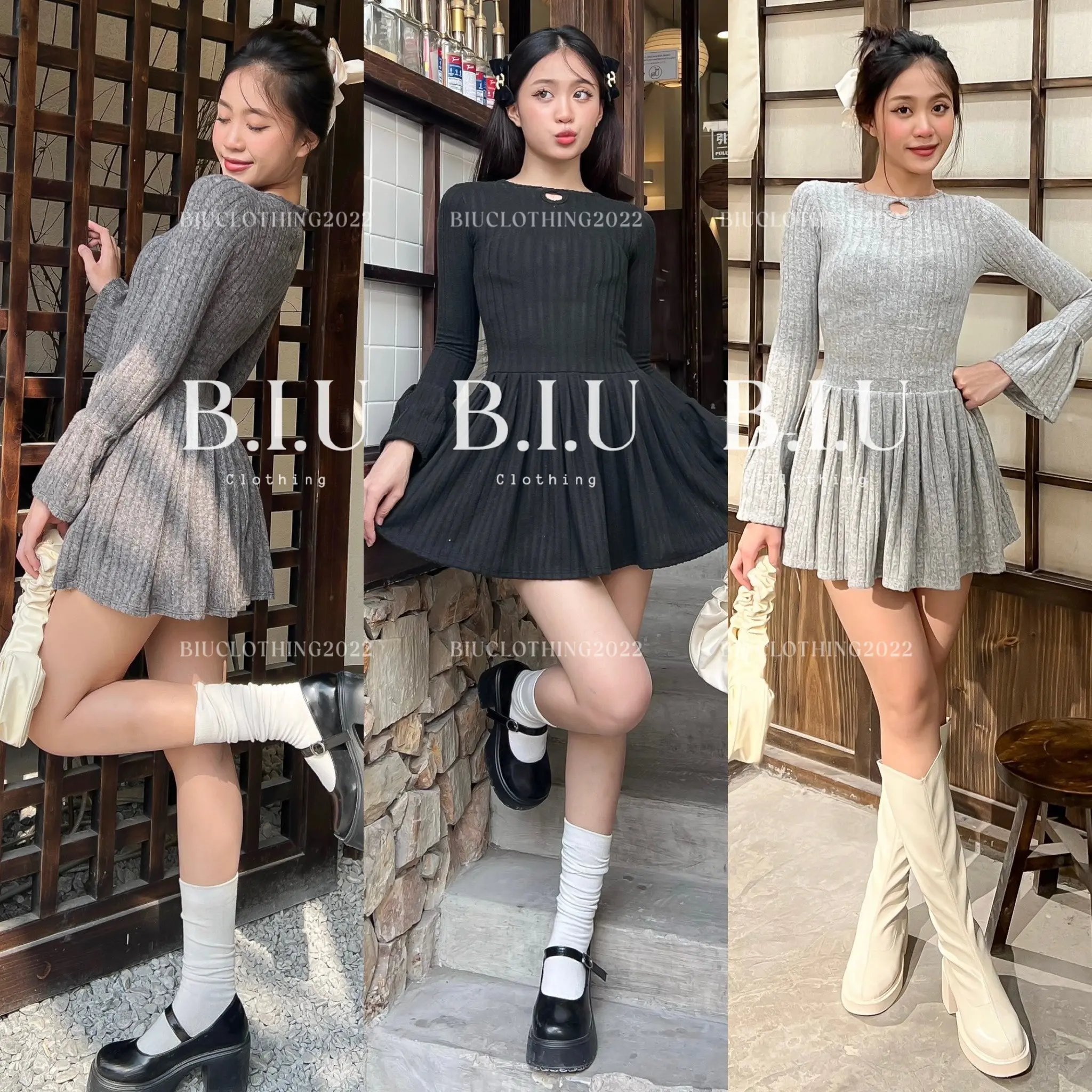 Đầm len đũa tay dài loe tà xếp ly nhẹ nhàng nữ tính <50kg Wan Dress Biu Clothing BB0255 Women Đen