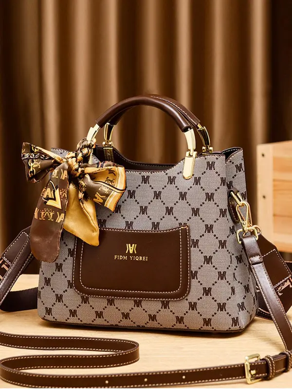 Summer Outfits 2024 Vintage Presbyopia Geometric Print Handbag for Women, New Trendy Bowknot Twilly Satin Scarf Decorated Pu Leather Pocket Designer Commuter Crossbody Bag, Everyday Bag 1