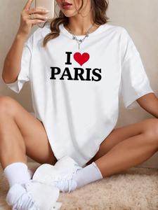 ImprinTee Women's Slogan Heart Print Round Neck Tee, Fashion Casual T-shirt for Daily Holiday Vacation Outdoor Wear, Ladies Clothes for Summer