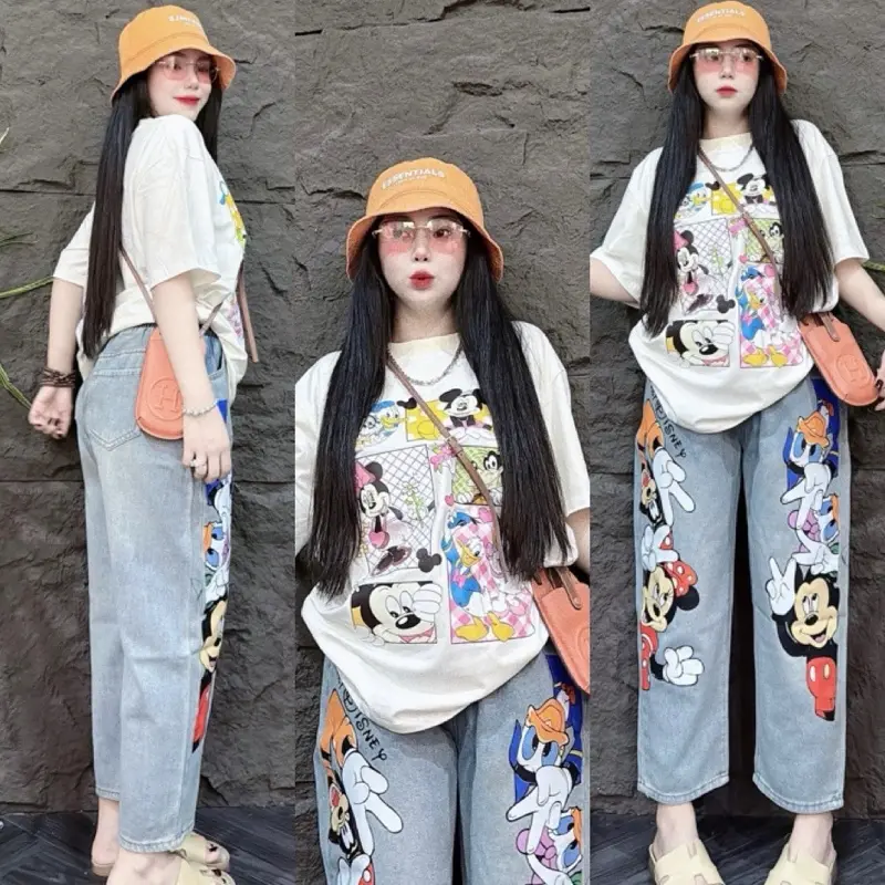Set bộ jean baggy chuột hoạt hình áo siêu cấp cotton tay ngắn cổ tròn quần jean mềm lưng thun bản to co giản Women
