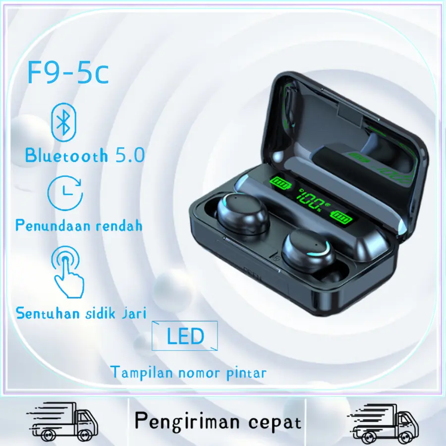 F9-5c TWS 5.0 Bluetooth Headset Earphone Mikrofon Bawaan Nirkabel Peredam Kebisingan In Ear bass earphones  earbuds Headphone Wireless