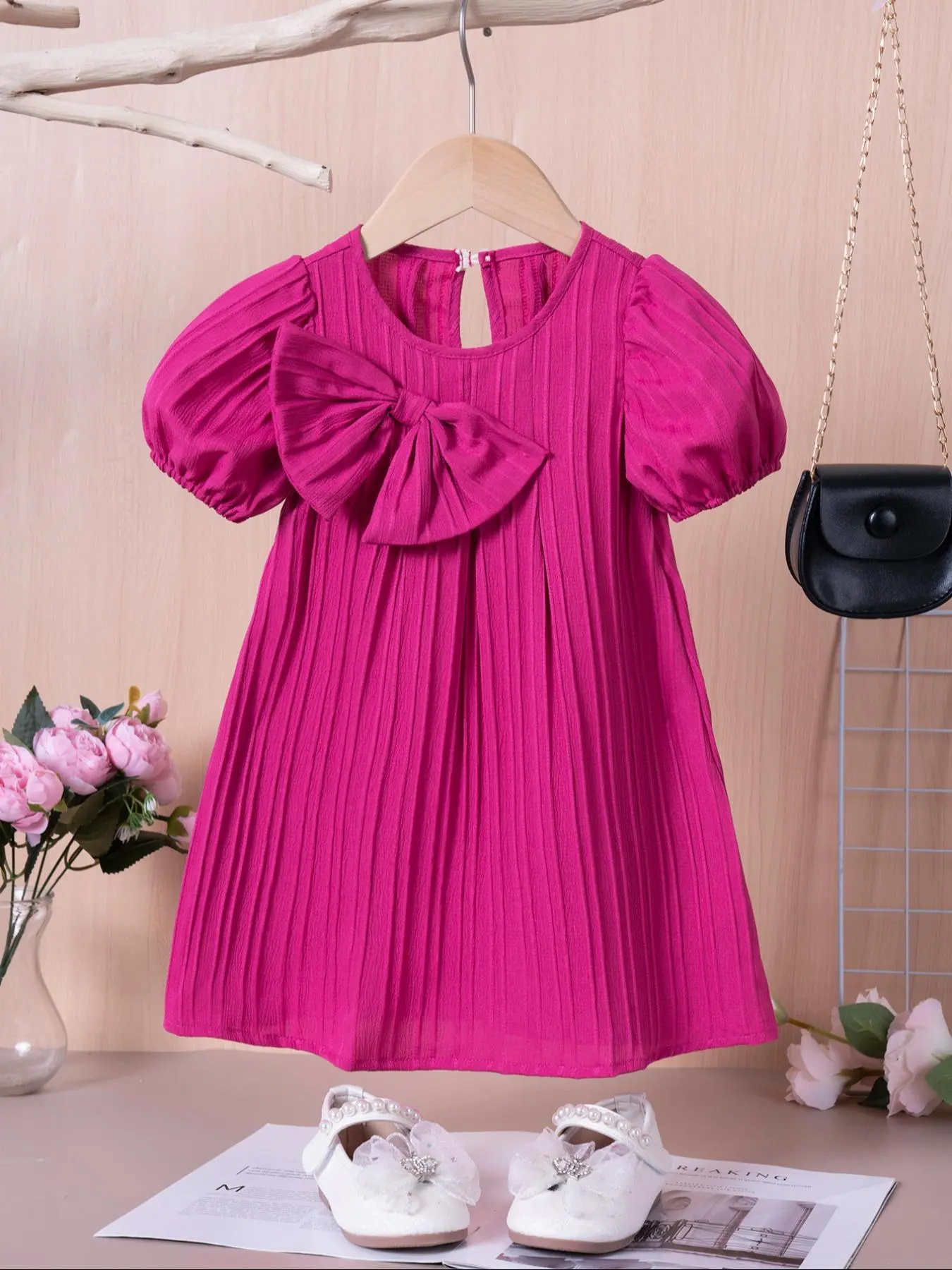 Toddler Girl's Solid Bow Decor Ruffle Trim Dress, Cute Casual Cap Sleeve A Line Dress for Summer, Kids Clothes for Daily Wear