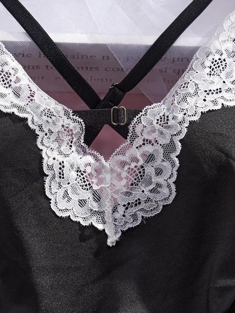 Product Introduction of Women's Contrast Lace Cami Nightdress & Thong & Choker & Wristband Four-piece Set, Sexy Criss Cross Backless Ruffle Trim Nightgown & Accessories, Women's Sleepwear & Loungewear Set 6