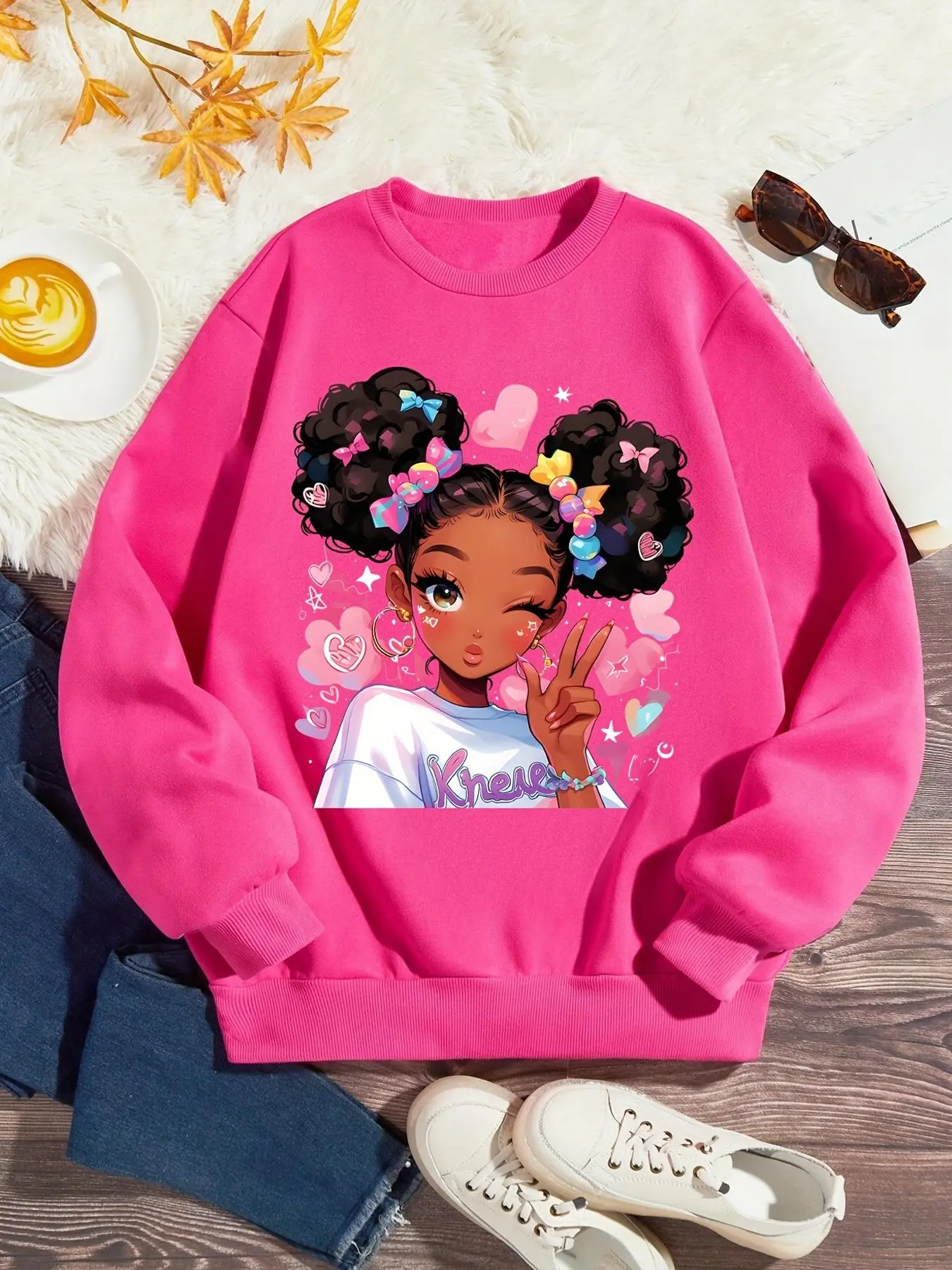 Girl's Cartoon Print Drop Shoulder Sweatshirt, Fashion Casual Crew Neck Long Sleeve Pullover for Daily Outdoor Wear, Going Out Tops, Girls Clothing for Spring Fall