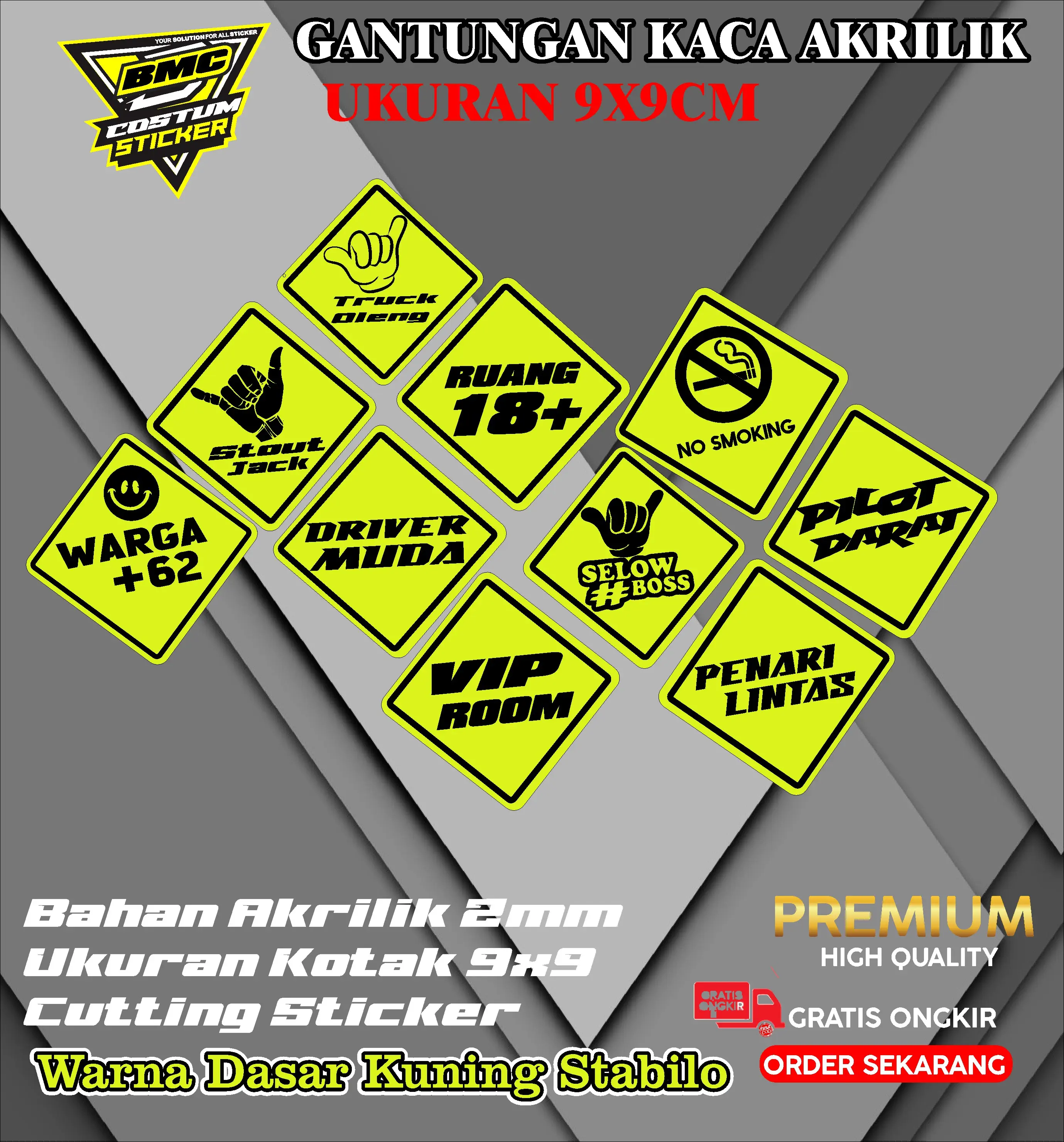 gantungan kaca akrilik tebal/bhan stabillo kuning