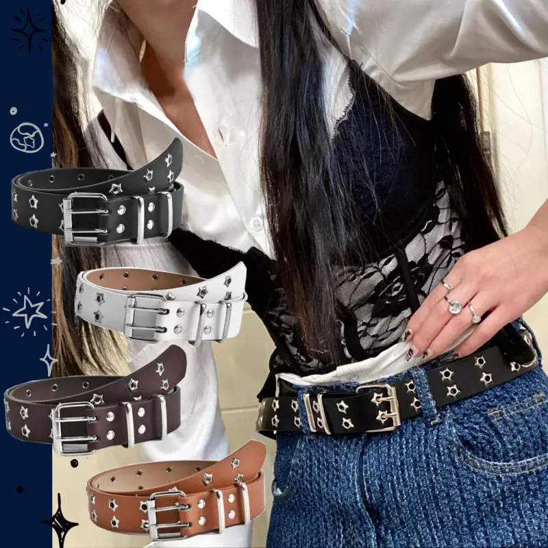 Thắt Lưng Dây Chuyền Xích, Thời Trang, Phong Cách Punk, Có Thể Điều Chỉnh, Ngôi Sao Rỗng Khóa Hai Ngực, Khóa Kim Loại, Làm Bằng Da, Thích Hợp Cho Quần Jean, Dây Thắt Lưng 1
