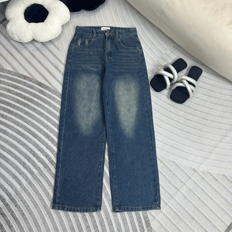 Quần jean ống rộng,quần bò nữ ống suông Aniee cạp cao thêu nơ túi vải denim màu xanh sáng dài 90-92cm dành cho nấm lùn - SUONGTHEUNO Women 5