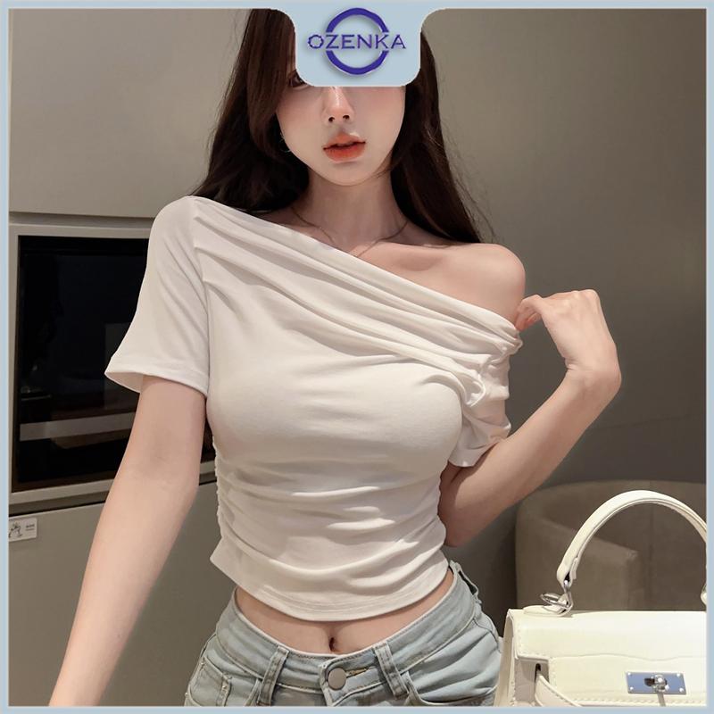 Áo croptop trễ vai gợi cảm xinh sang chảnh trắng đen cotton nữ ozenka , áo crt kiểu hở vai thun trơn tay nỡ dễ phối đồ Women Shirt Jean Sơ Mi