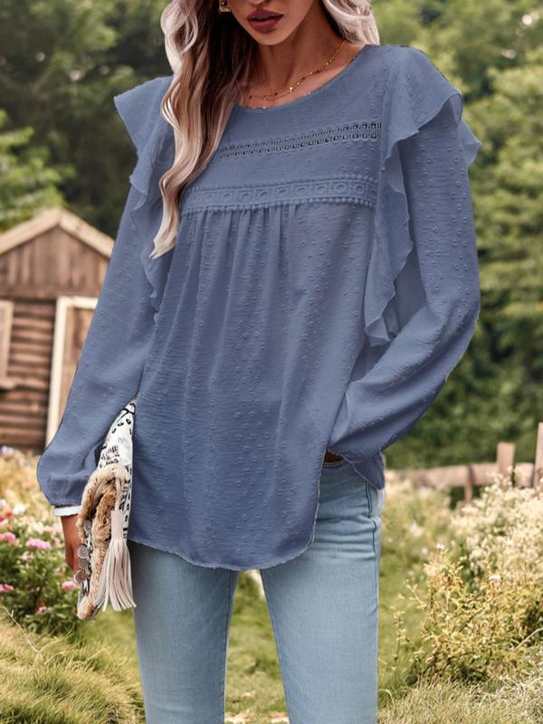 Women's Plain Contrast Lace Swiss Dot Ruffle Trim Blouse, Boho Bishop Sleeve Keyhole Back Top for Fall & Winter, Women's Clothing for Daily Wear 4