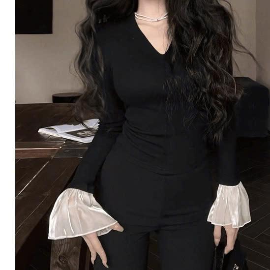 Áo cổ tim tay tơ điệu đà nữ tính peonyb - Thun dài tay màu đen kiểu dáng bánh bèo tiểu thư hotgirl mặc thu đông phong cách hàn quốc đẹp