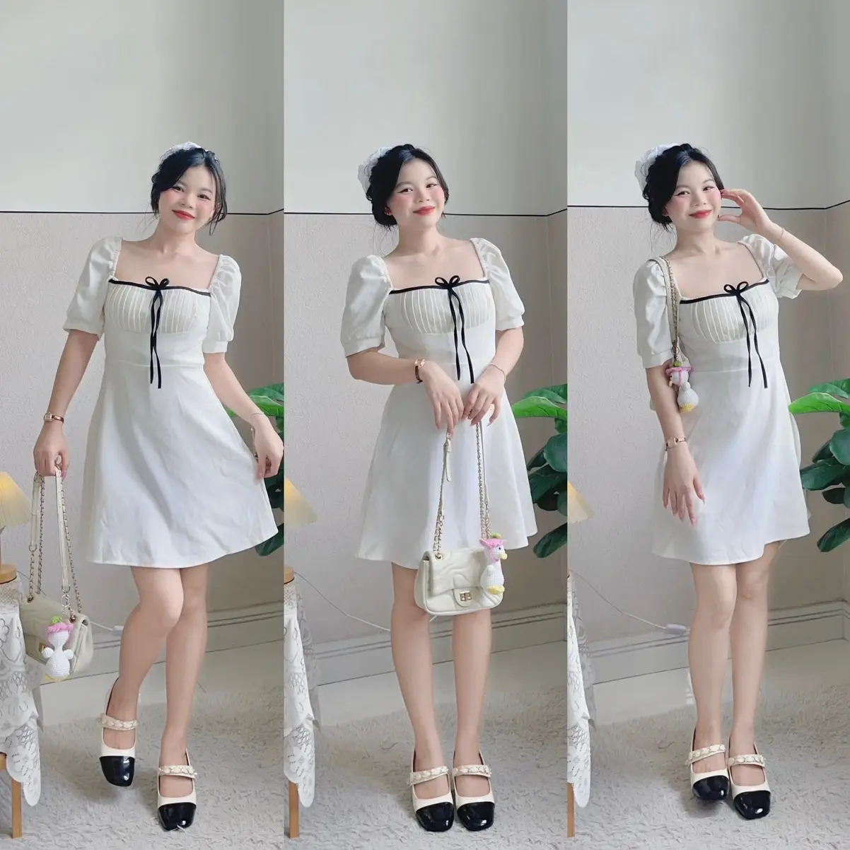 [Đầm tiệc đơn giản, đón Tết xinh] ĐẦM TRẮNG CỔ VUÔNG XẾP LY NƠ