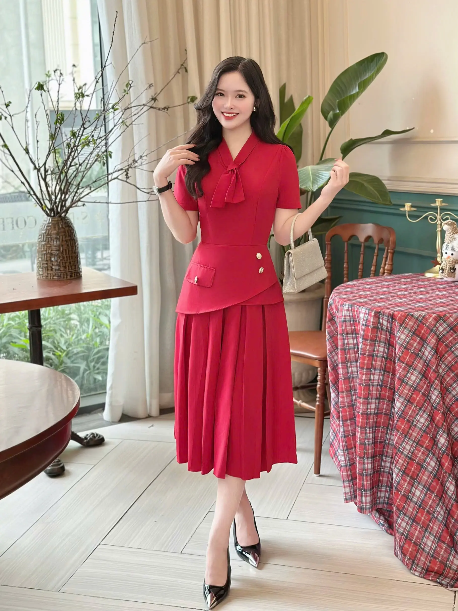 Đầm peplum nữ thiết kế Nhật Vy cổ bèo tay ngắn form dáng xoè chất lụa công sở dự tiệc - D3204