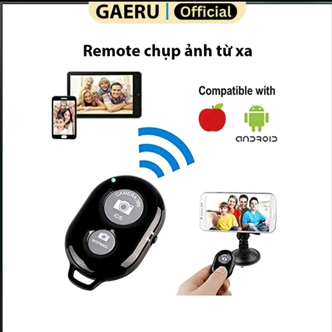 remote điều khiển chụp hình, quay video, phát trực tiếp . kết nối Bluetooth không dây  với điện thoại, máy tính bảng,  khoảng cách xa tới cả 10 m vẫn điều khiển tốt.