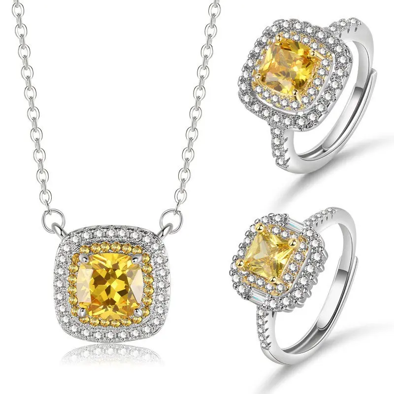 S925 Silver New Citrine Necklace Earring Ring Jewelry Suit