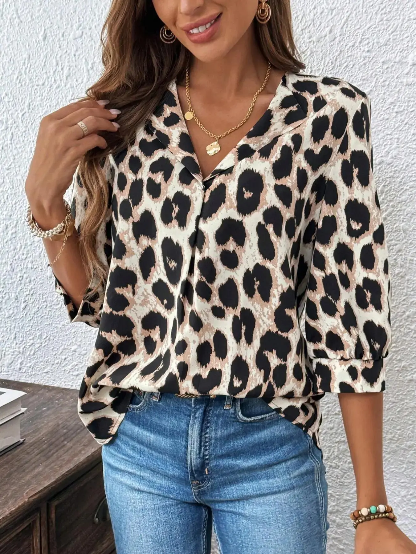 Women's Leopard Print  Blouse, Elegant 3/4 Sleeve Top for Work Office Business, Ladies Clothes for All Seasons