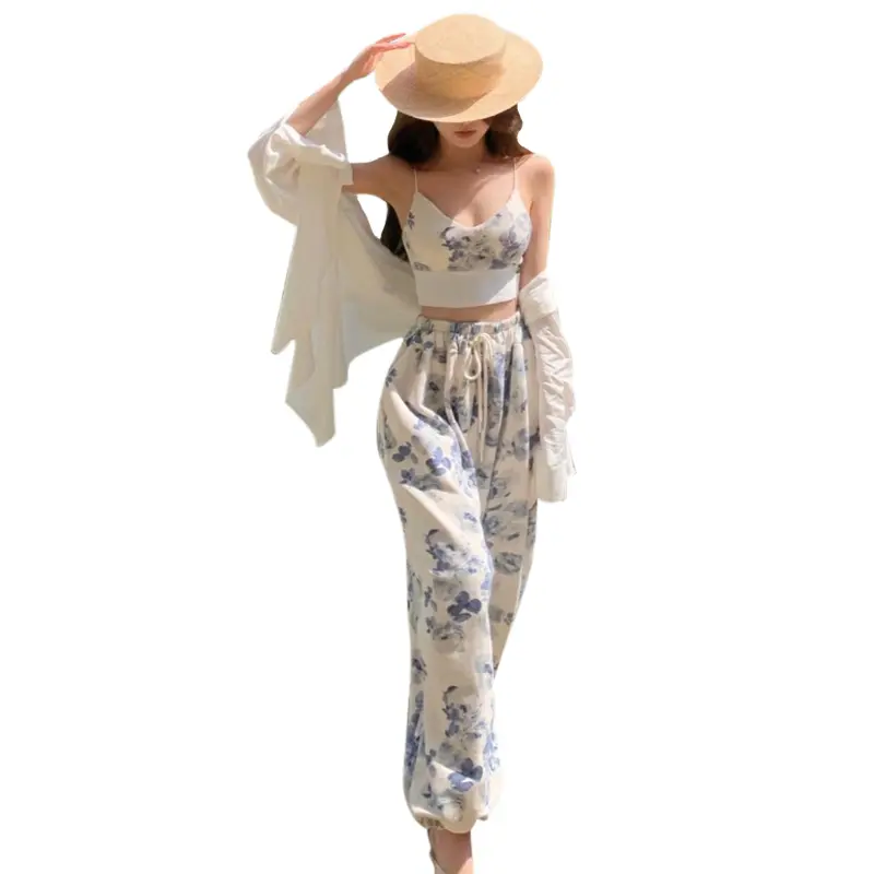 Women 2 Pieces Temperament Outfits, Floral Print V-Neck Spaghetti Strap Camisole + Drawstring Elastic Waist Long Pants Set