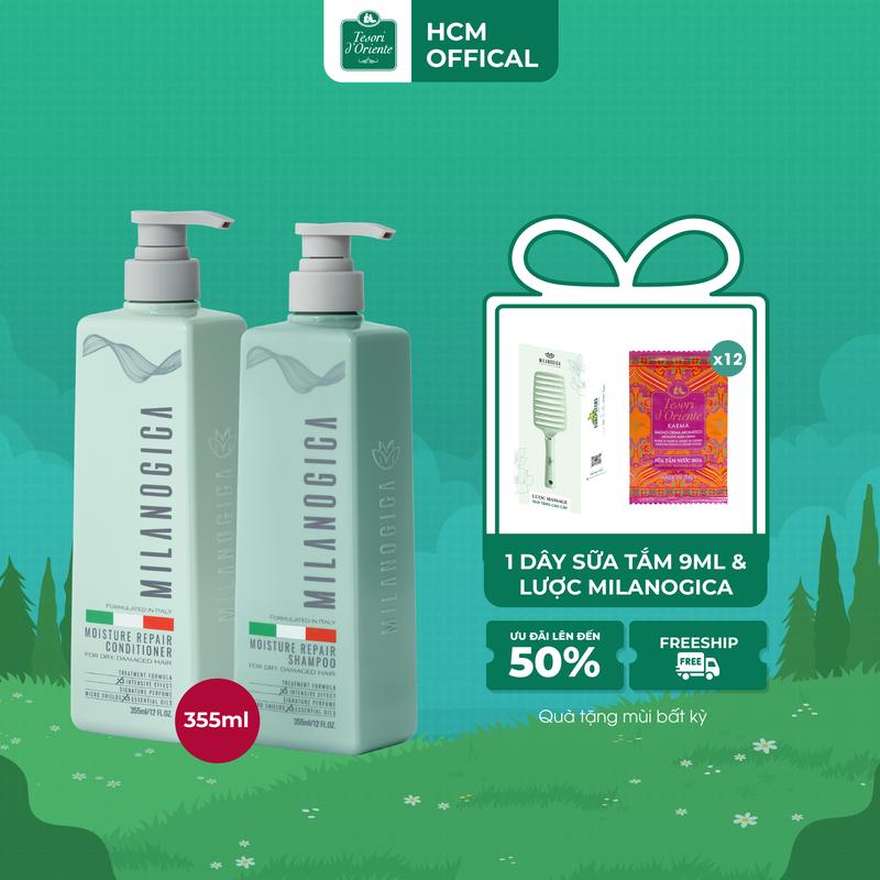 [TẶNG 1 LƯỢC & 1 DÂY TDO 9ML] Combo Dầu Gội & Xả hương nước hoa Milanogica 355ml Phục hồi hư tổn, Trị gàu sạch ngứa da đầu