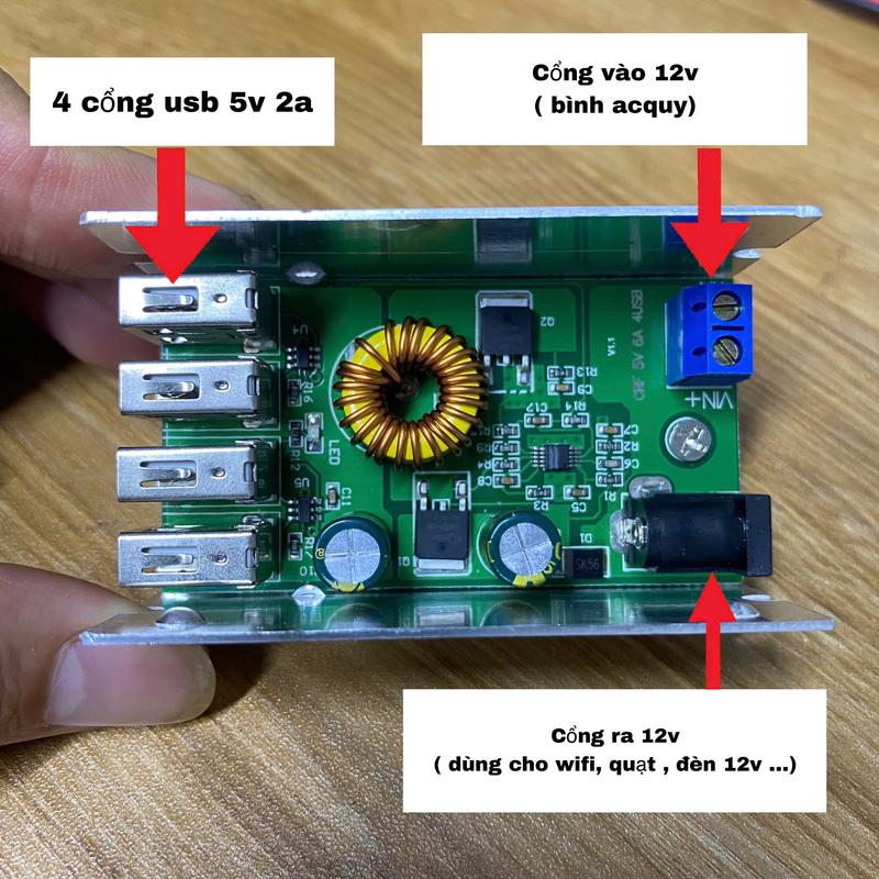 Mô Đun Hạ Áp DC-DC 9V 12V 24V 36V Sang 5V 5A 4 USB Kèm Vỏ Nhôm Chuyên Dụng