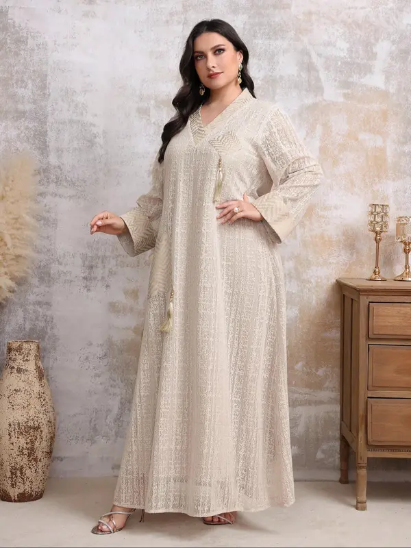 【Plus Size】 Fringe Trim Pocket V Neck Dress, Modest Long Sleeve Arabic Clothing for Women, Women's Islamic Clothing for Fall & Winter 3