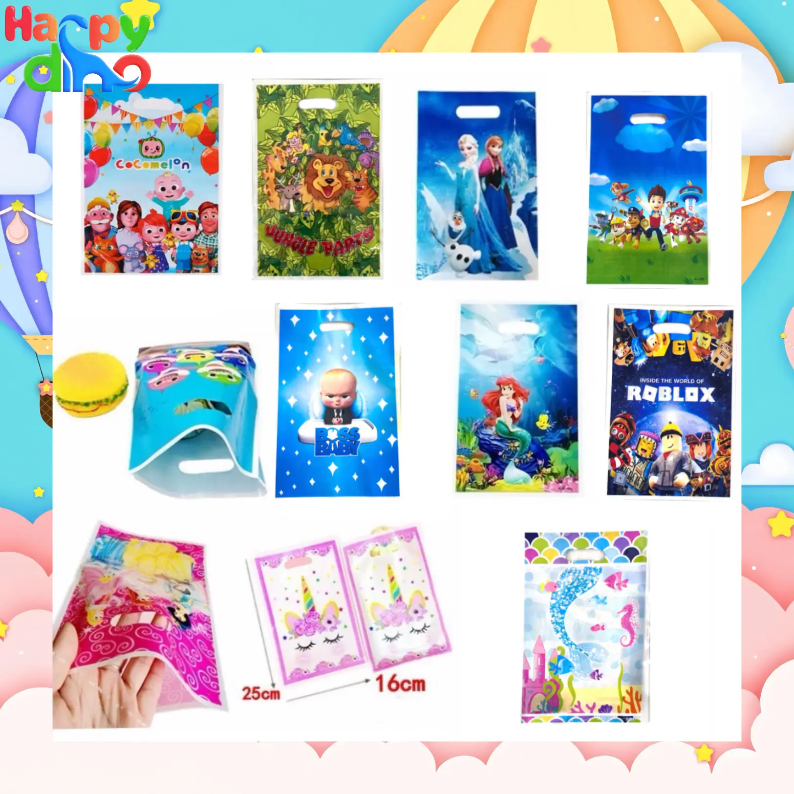 10pcs/pack character birthday loot bag Gift bag Candy bag (17×25cm) Happy Dino Party Needs