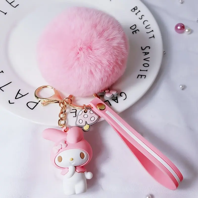 new 1pc Adorable Hello Kitty Anime Accessory - Soft Plush Fur Ball Keychain, Wallet, Handbag, Car Charm, and Gift - Collectible, Kawaii, and Colorful
