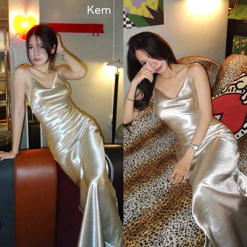 Đầm Lụa Xà Cừ Sequin Dáng Dài Hở Lưng Cổ Đổ Sang Chảnh