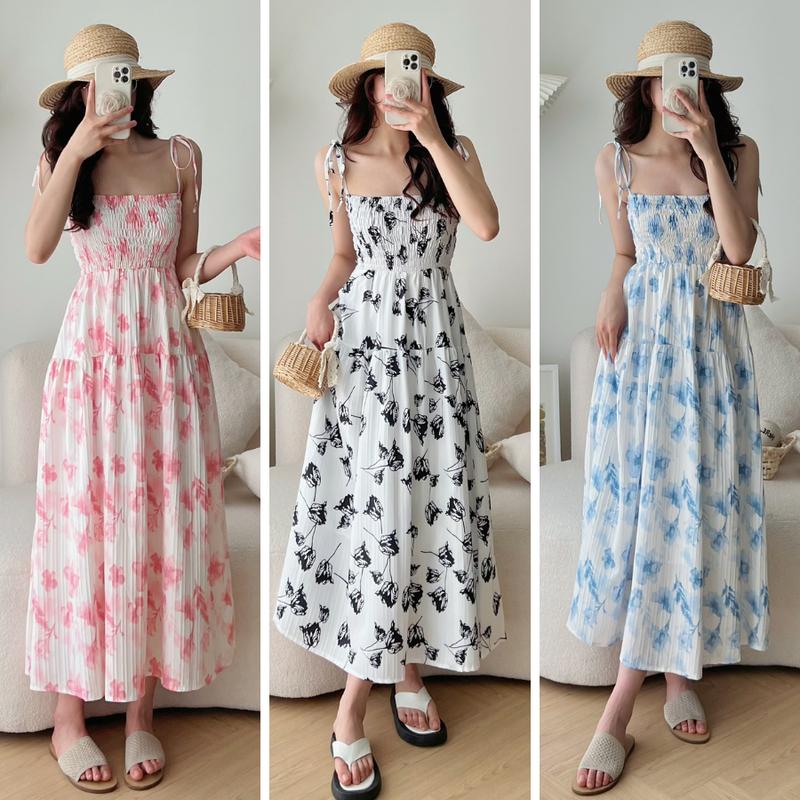 Váy maxi hai dây buộc nơ vai dáng dài chun ngực hoa nhí hai lớp đi biển nhiều màu đầm dài đi biển dáng dài