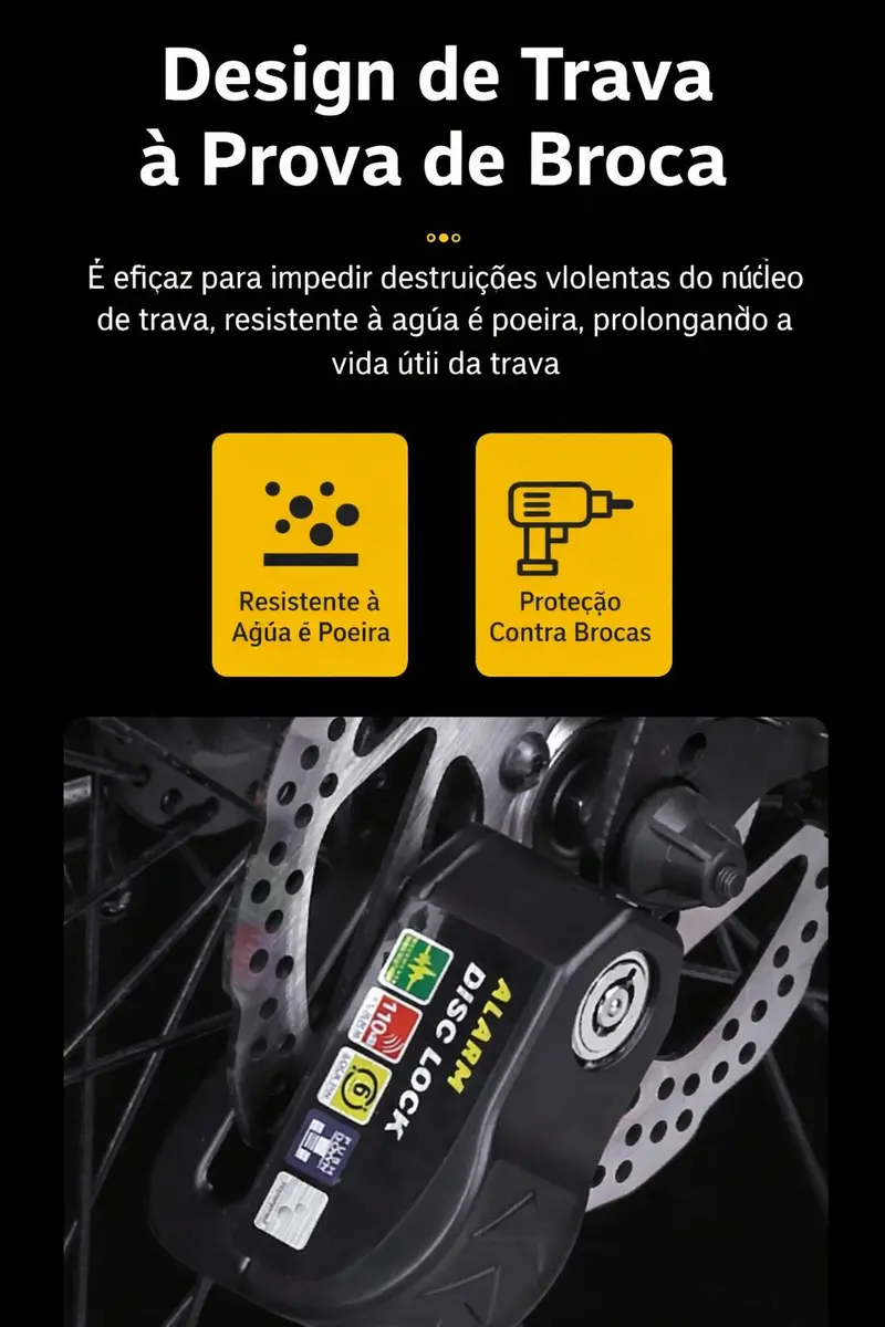 Trava de Disco em Liga de Alumínio Com Alarme 110dB Antifurto para Moto/Bike à Prova dÁgua Universal