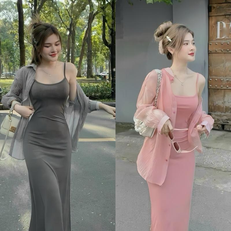 Set đầm body 2 dây có mút ngực chất thun tăm kèm áo khoác tơ xốp xinh xắn phù hợp cho các nàng đi chơi