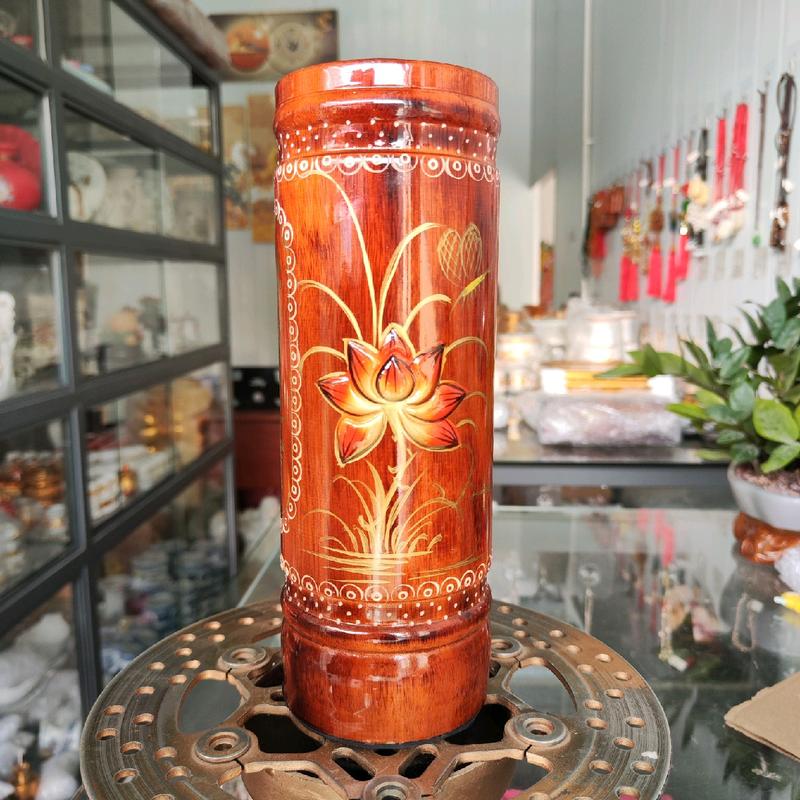 Ống Đựng Nhang Nâu Gỗ Vẽ Hoa Sen Cao 23cm