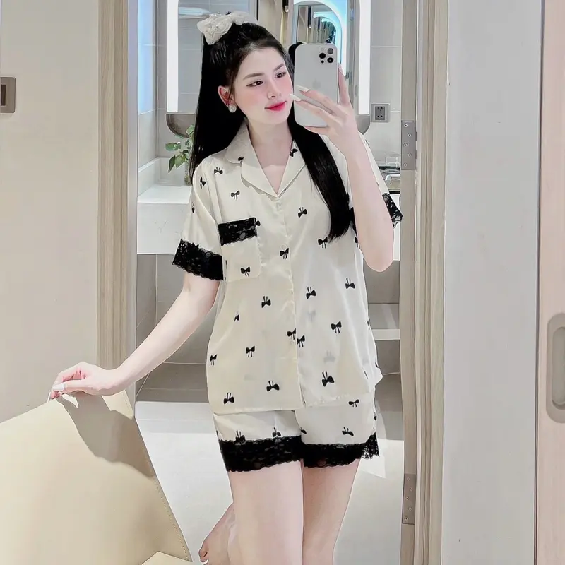 Đồ bộ pijama mặc nhà nữ  La tin phối ren Tay dài Áo Ngủ Nữ Áo Nhung 6