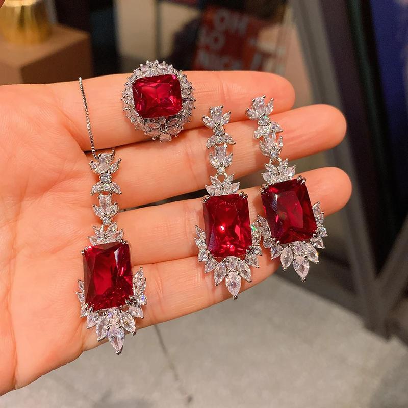 Product Introduction of 2022 New Arrival Ruby Gemstone Neckle Pendant Ring Drop Earrings Women's Luxury Wedding Party Jewelry Sets Anniversary Gift 3