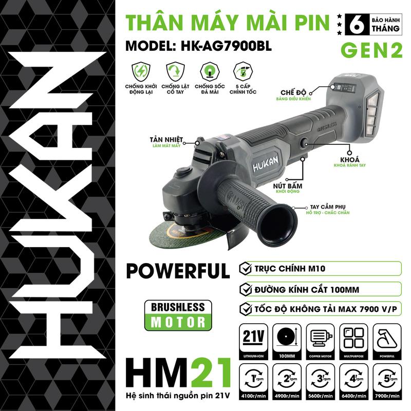 [GEN 2] Máy mài pin Hukan  HK-AG7900BL, chống giật, 5 tốc độ, chân pin phổ thông, 21v, 4100-7900 R/MIN, đường kính lưỡi 100mm, bảo hành 6 tháng