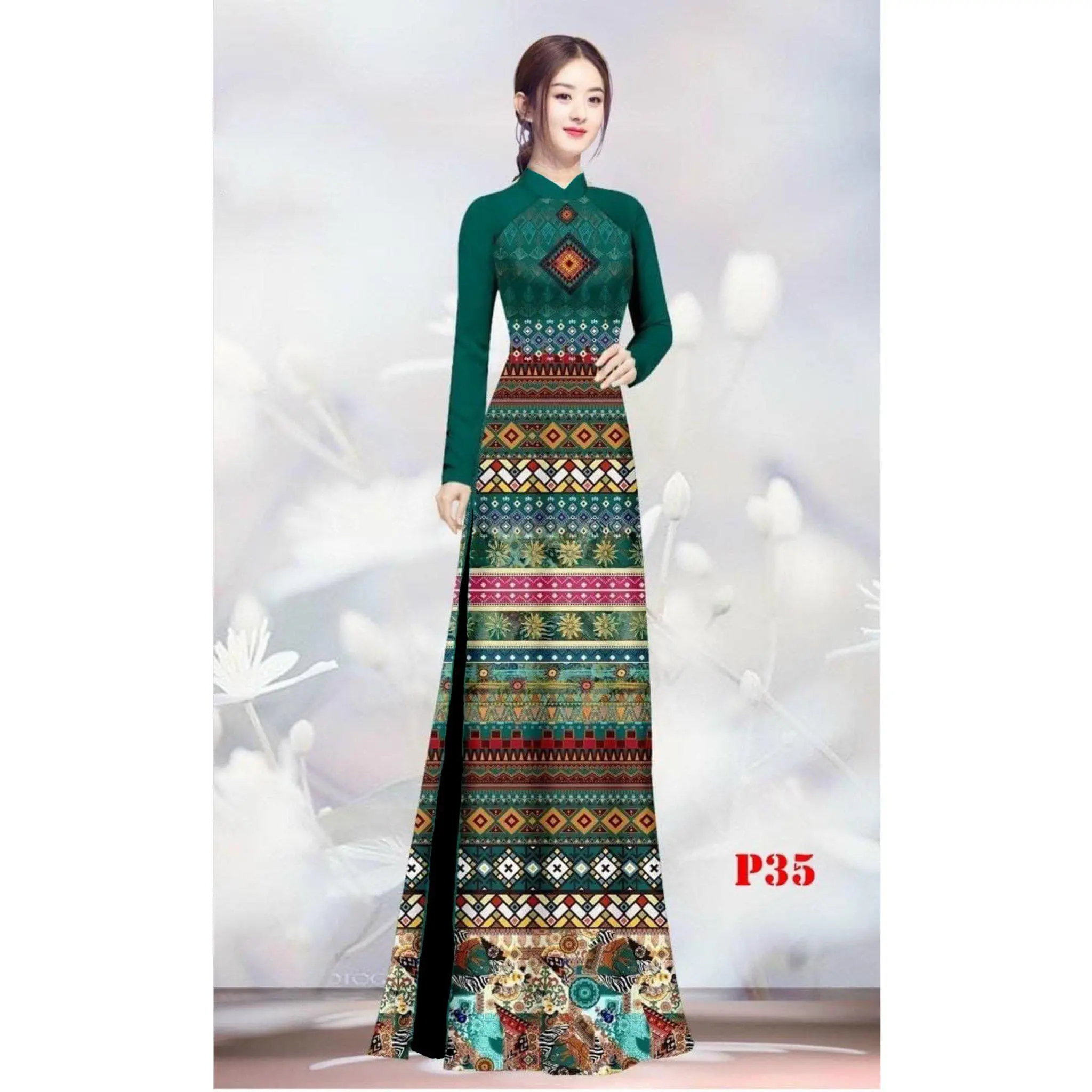 Áo dài thổ cẩm xanh lụa Nhật in 8D _ Mã P35