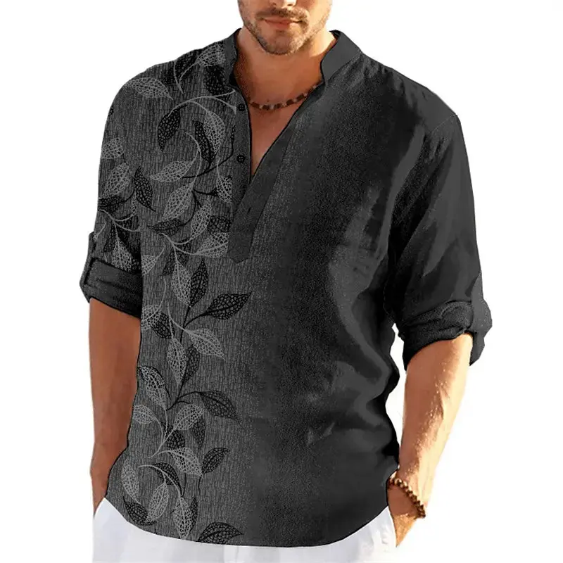 Leaf 3D Printed Henley Shirts Men's Fashion Vintage Streetwear Oversized Stand Collar Long Sleeve Shirt Tops Blouse Man Clothing Menswear Lingerie Casual Biker