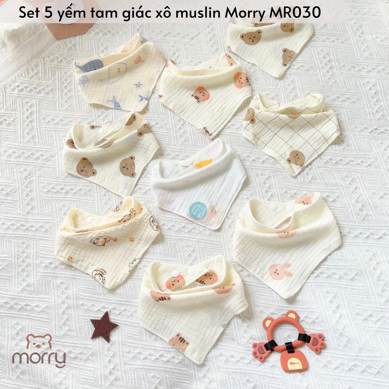 Sét 5 yếm Xô  Muslin Morry  Cho Bé Từ Sơ Sinh Đến 1 Tuổi Có 2 Cúc Bấm Mềm Mại An Toàn