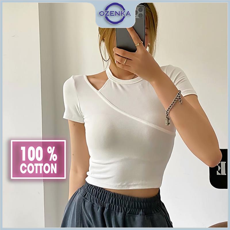 Áo croptop tay ngắn ôm hở vai cổ tròn OZENKA , áo thun crt roptop kiểu hàn quốc cotton đen trắng mặc đi học đi chơi Nữ Sơ Mi