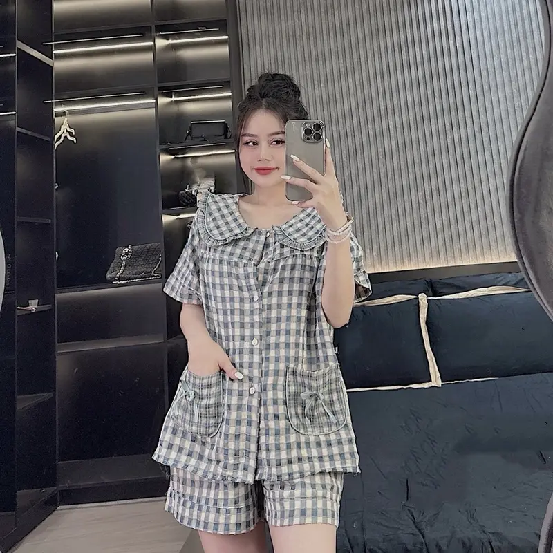 bộ ngủ pijama nữ mùa hè mặc nhà dễ thương  tiểu thư nữ quần đùi áo cộc đũi gân nhung sz(40-58) 2