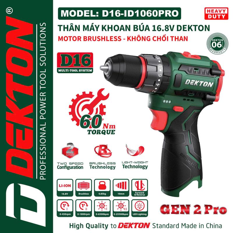 Máy Khoan 3 Chức Năng / Đầu Cặp 10MM Dekton / D16-ID1060PRO / Motor Brushless / 60Nm / Hệ Sinh Thái 16.8V Pin Thọt Dekton