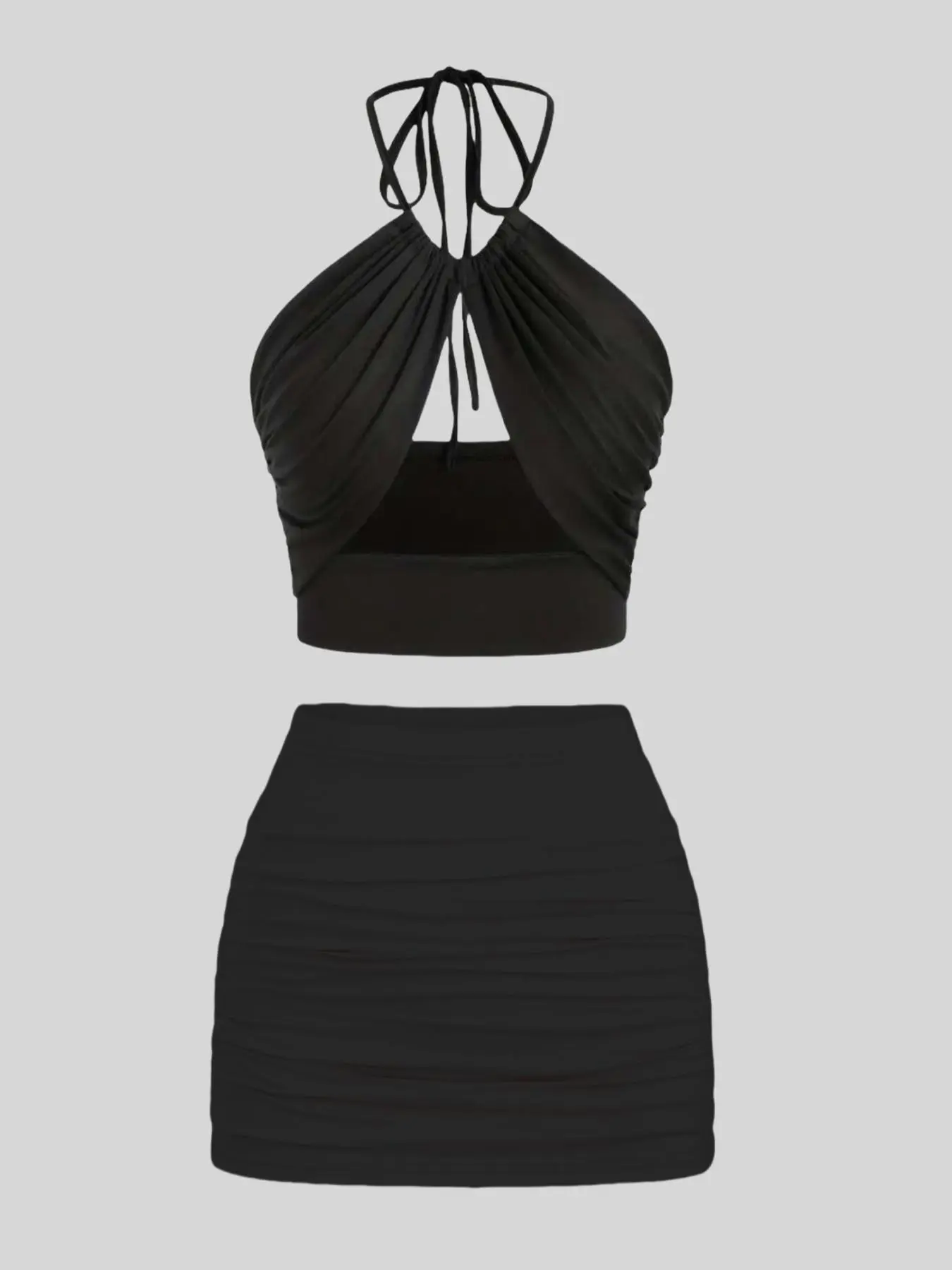 Women's Solid Ruched Cut Out Crop Top & Skirt Two-piece Set, Casual Fashion Tie Back Halter Top & Skirt for Daily Outdoor Wear, Ladies Clothes for All Seasons