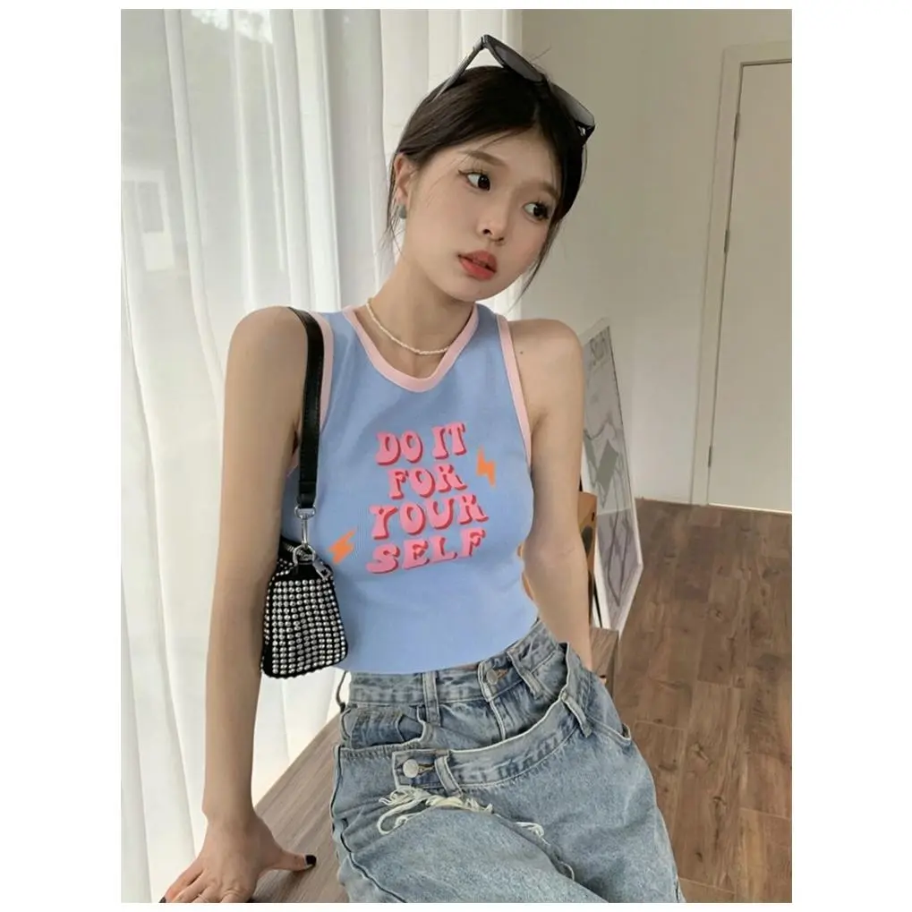 Ribbed Blue Sleeveless Camisole Pure Desire Style Retro Casual Women's Fashion Versatile Personality Hot Girl Korean Style Clothing