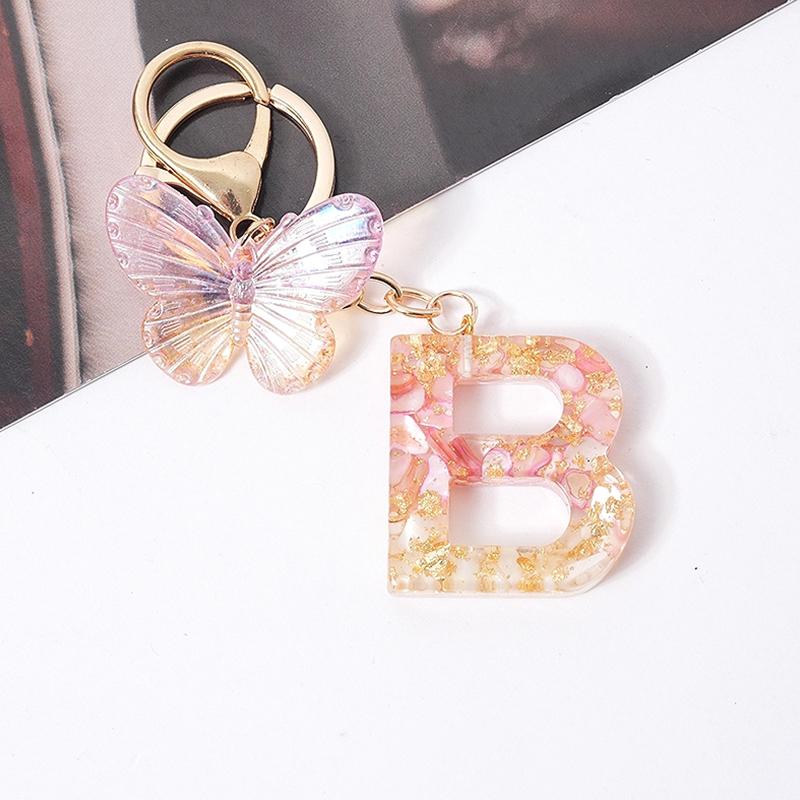 Product Introduction of [QQQ]Pink Dream Butterfly 26 Letters A To Z Resin Keychain 26 Initials White Stone  Leaf Pendant Keyring Backpack Charm Bag Decor 41