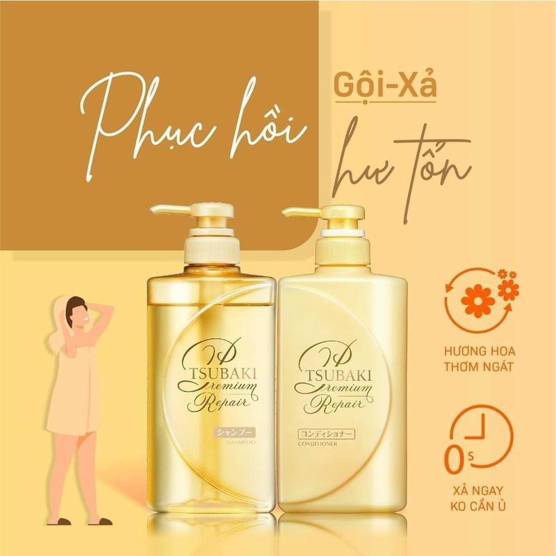  Dầu Gội   Dầu Xả Tsubaki Premium Repair Shampoo & Conditioner màu vàng ngăn gãy rụng và phục hồi hư tổn Women Nữ 