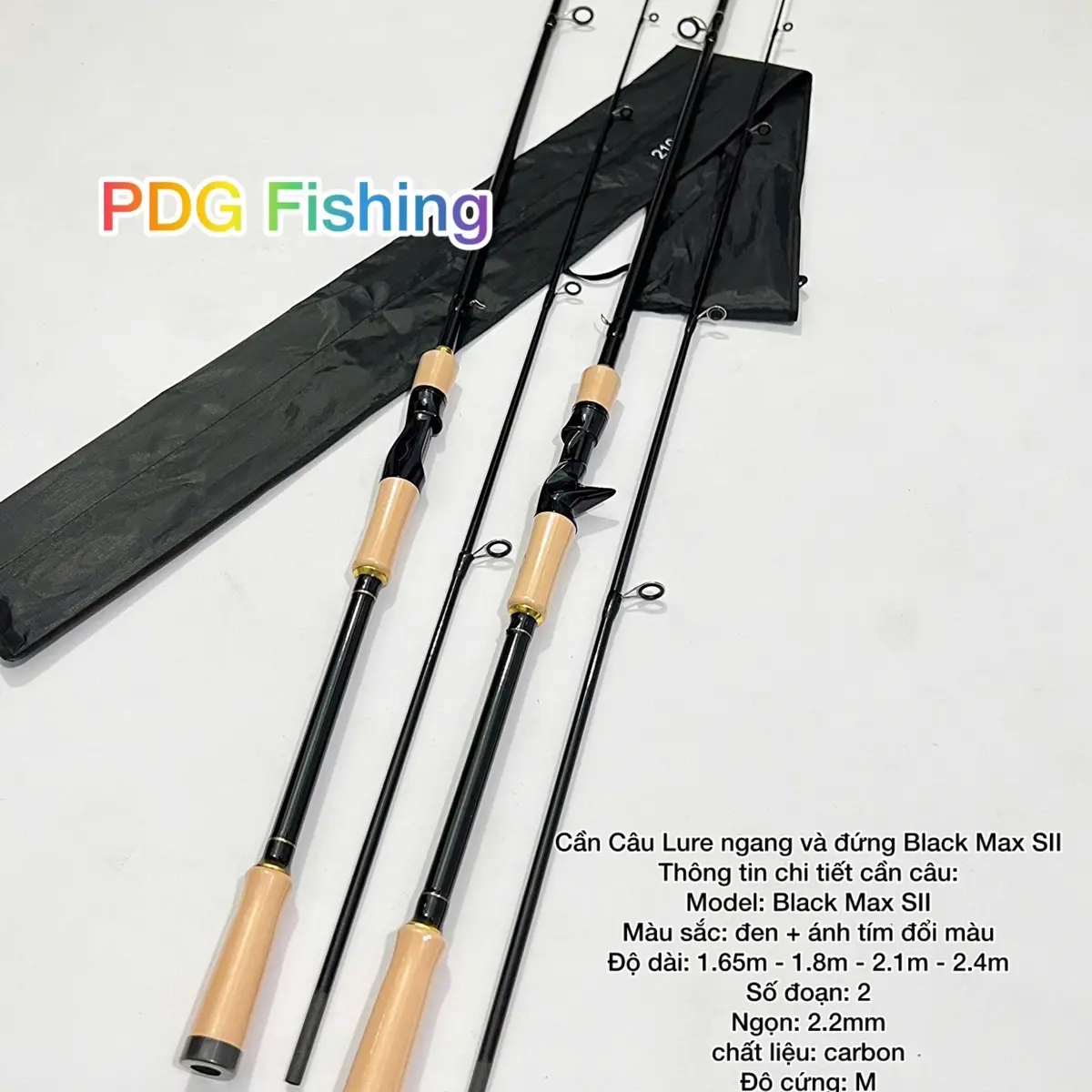 Cần Câu Lure ngang và đứng Black Max SII, Model: Black Max SII, Màu sắc: đen + ánh tím đổi màu, Độ dài: 1.65m - 2.4m, Số đoạn: 2, Ngọn: 2.2mm, Chất liệu: carbon, Độ cứng: M, Lure: 8-28G, Line: 8-15lb