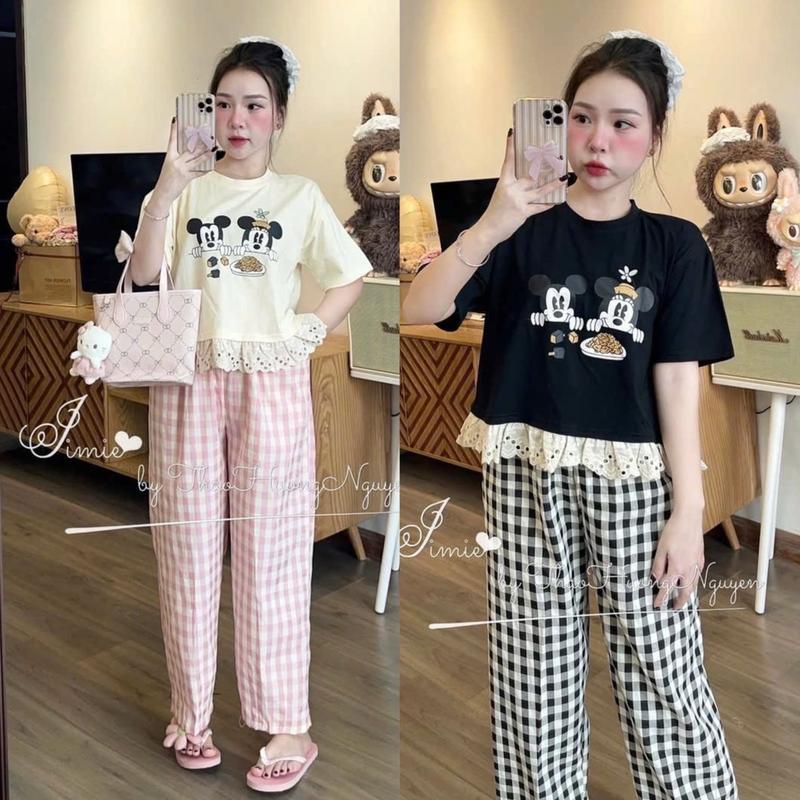 Set áo thun tăm in hình cổ tròn tay ngắn vạt áo phối ren , quần baggy đũi caảo lưng thun ( có túi) . Top Women Nữ