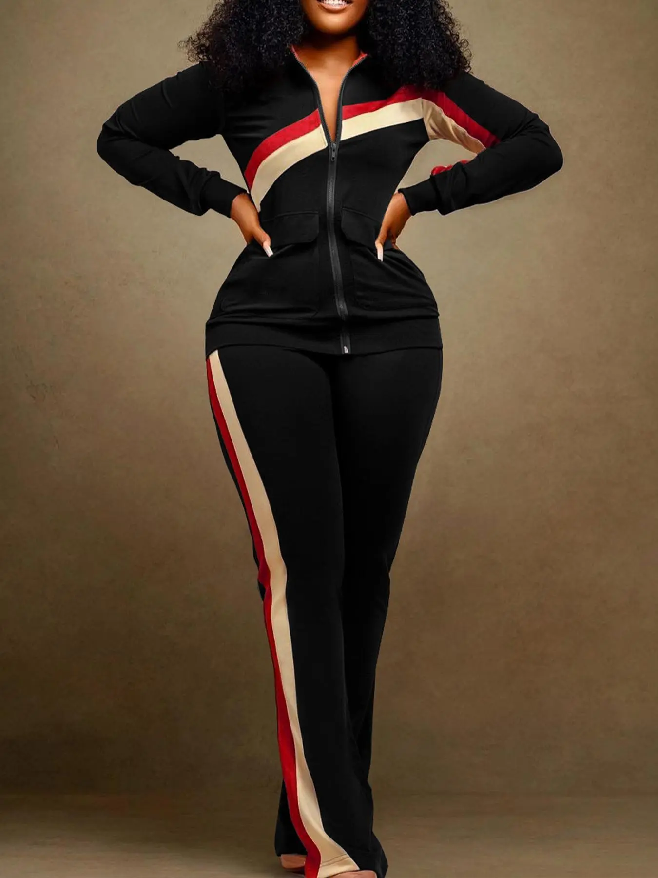 Women's Colorblock Zip Up Jacket & Side Stripe Pants Two-piece Set, Casual Long Sleeve Collared Outerwear & Trousers for Fall & Winter, Ladies Clothes for Daily Wear