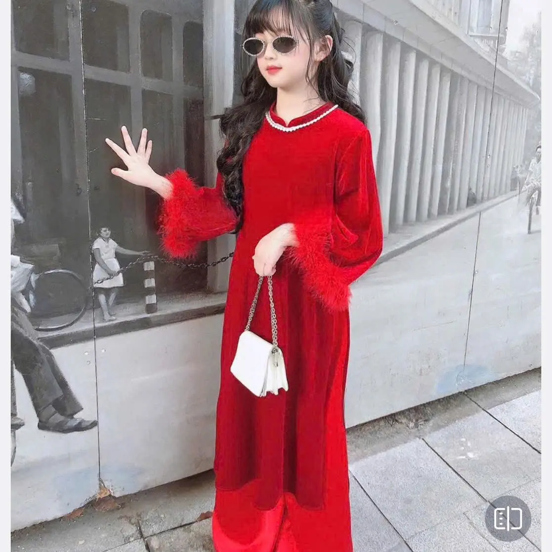 (20-46kg)Sét áo dài Nhung quần lụa siêu xinh cho bé