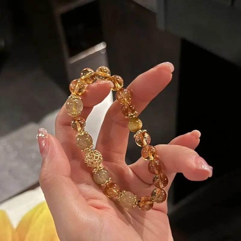 Rich Citrine Women's Bracelet Thin and Glittering Crystal Rutilated Quartz Lucky Beads Fortune Fortune Fortune Gathering Bracelet